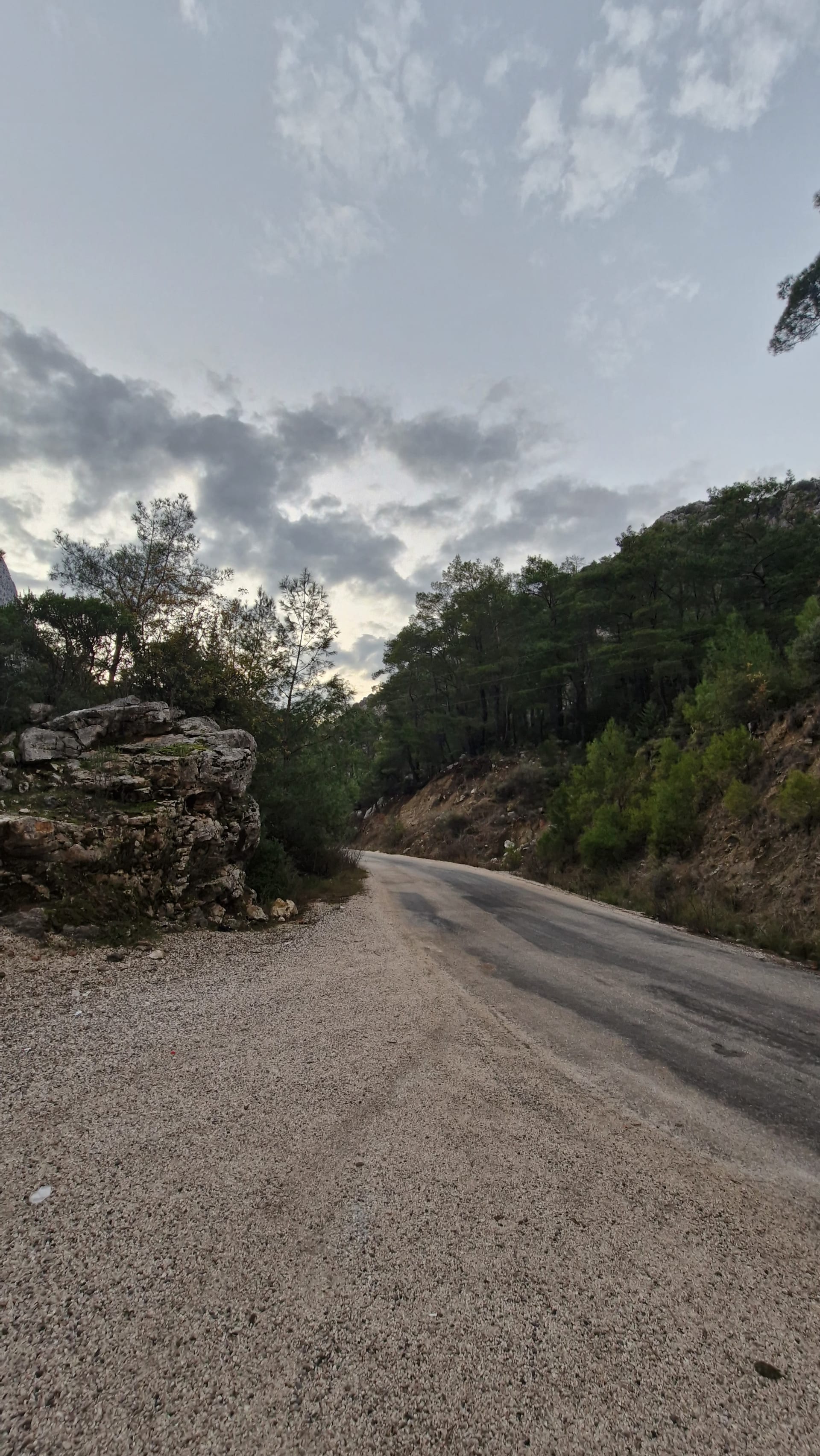 A narrow paved road curves between rocky ground and densely wooded hills beneath a cloudy sky.