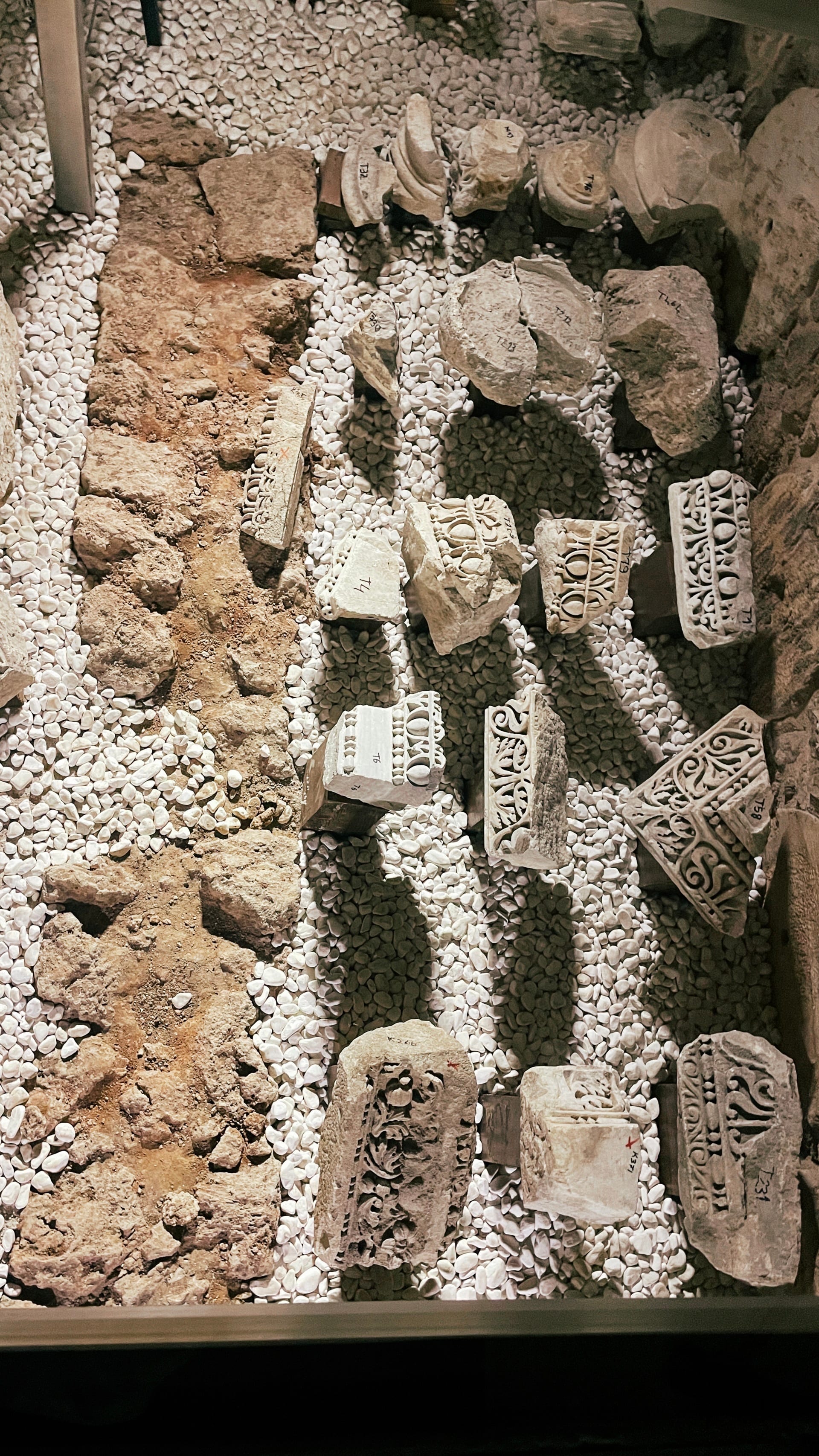 Close view of irregular carved stone fragments beneath glass.