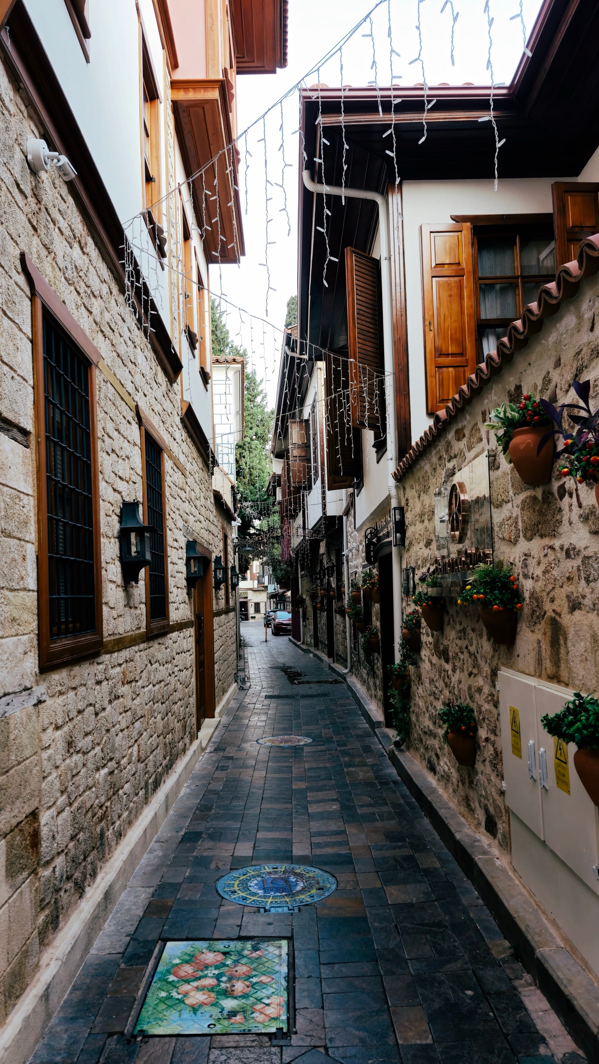 Narrow stone lane with timber-fronted houses, flowerpots and colorful pavement panels.