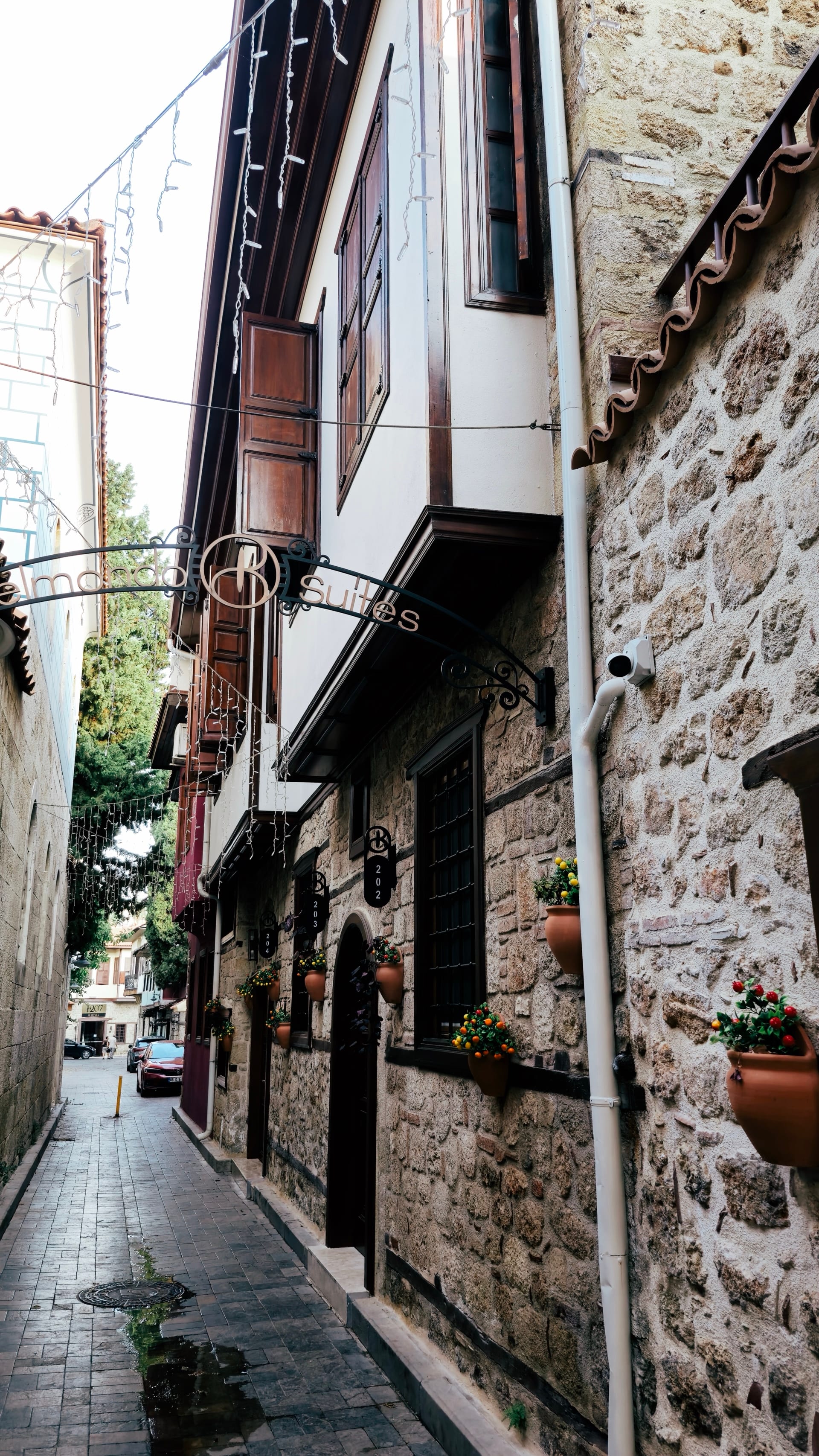 Flower pots decorate a narrow stone lane beneath wooden upper stories.