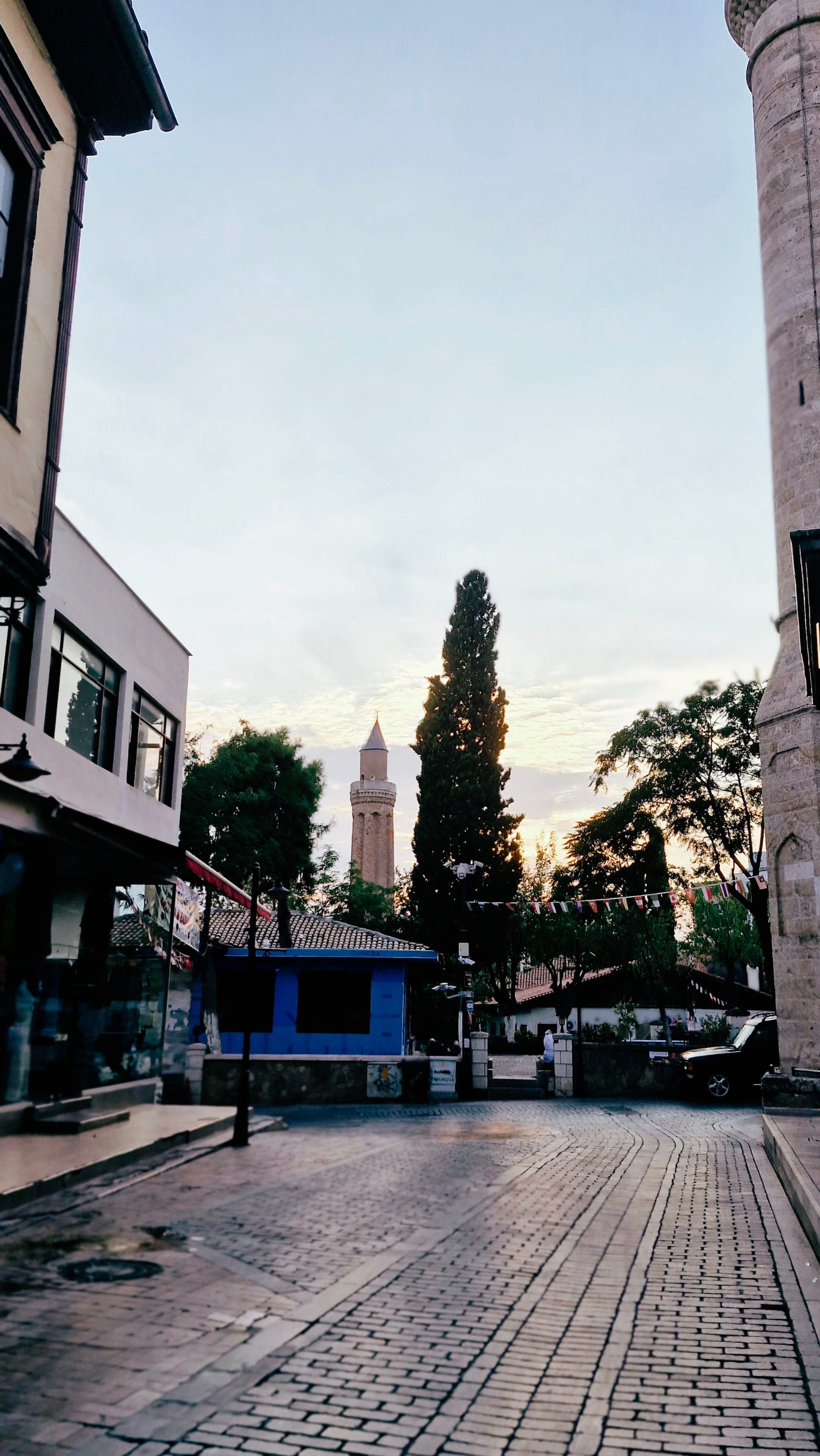 A minaret rises beyond trees and low buildings beside an open paved square.