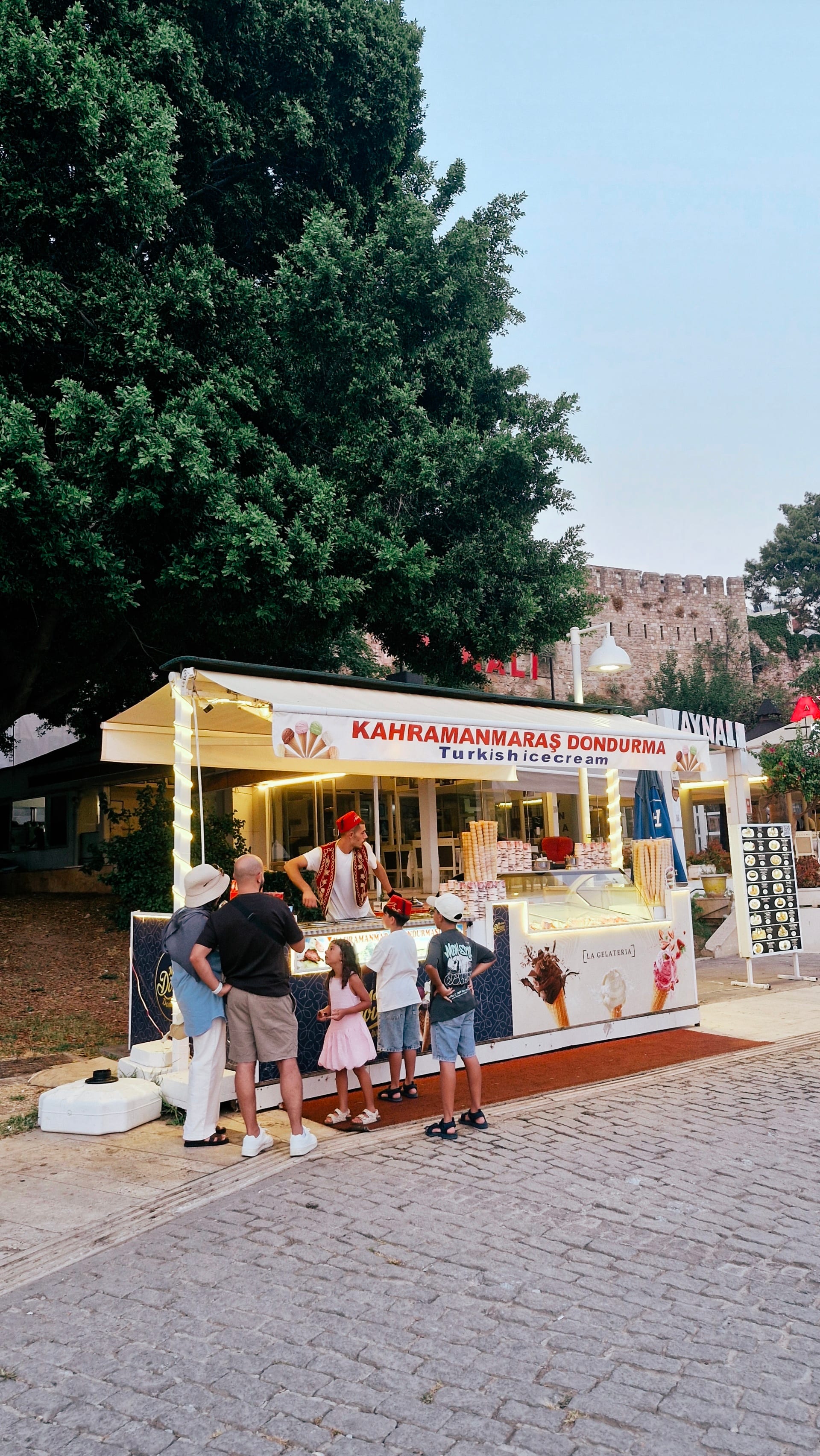 Customers gather at a brightly lit Turkish ice-cream kiosk beneath large trees.